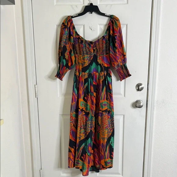 HOUSE OF HARLOW by Nicole Richie Cotton Smocked Dress Puff Sleeve Meadow Pink XS - Picture 2 of 10